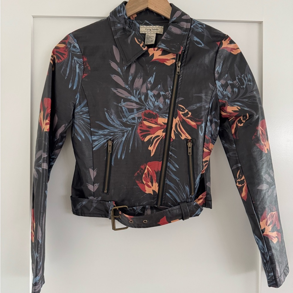 Flying Tomato Black Floral Faux Leather Motorcycle Jacket